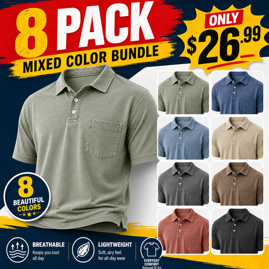 Limited Deal 8-Pack Men's Washed Cotton Blend Pocket Polo Shirts, Lightweight Breathable 3-Button Relaxed Fit