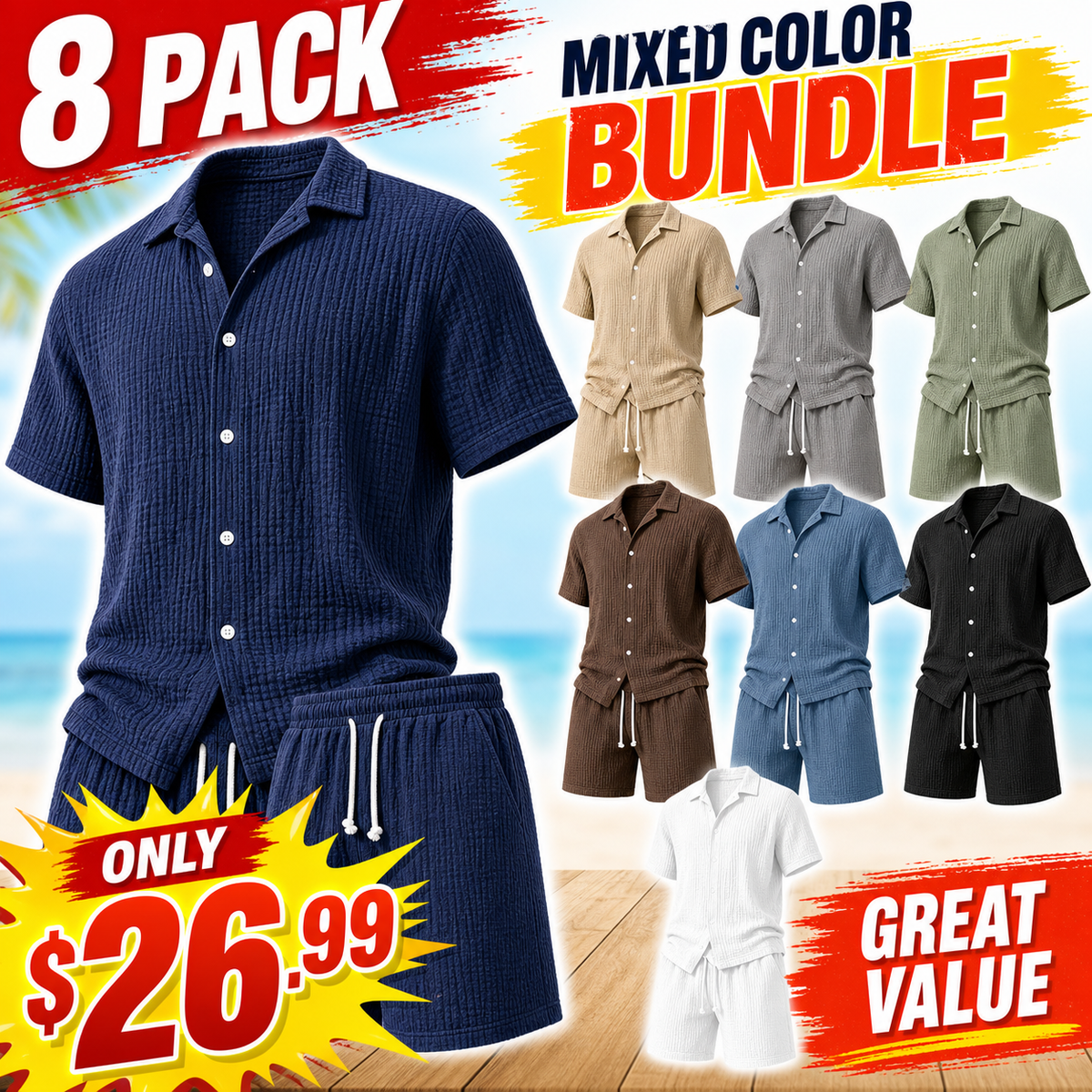 Limited Deal 8-Pack Men's Crinkle Cotton-Blend Camp Collar Shirt and Shorts Sets, Lightweight Breathable Relaxed Fit