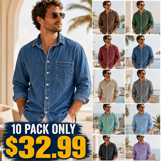 ⚡10 Pack for $32.99⚡ Men's Vintage Washed Cotton Denim Shirt