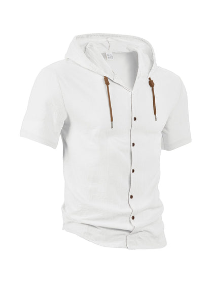 Men’s casual linen short-sleeve hooded shirt.