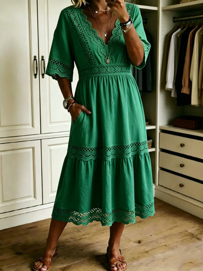🔥Women's Casual Loose-fitting Patchwork Lace Trim Linen And Cotton Dress