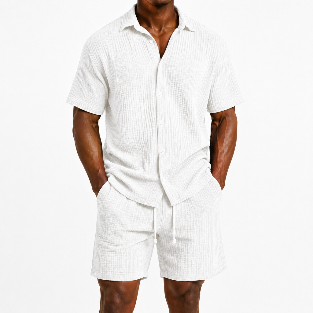 Limited Deal 8-Pack Men's Crinkle Cotton-Blend Camp Collar Shirt and Shorts Sets, Lightweight Breathable Relaxed Fit