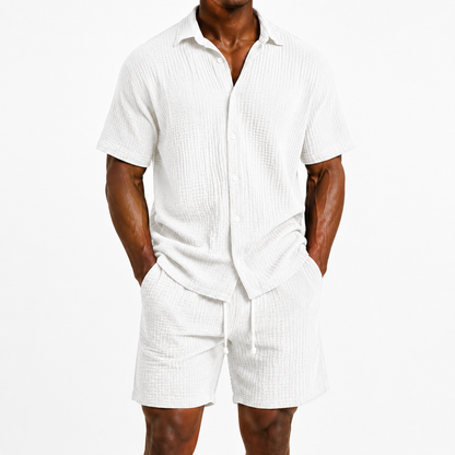 Limited Deal 8-Pack Men's Crinkle Cotton-Blend Camp Collar Shirt and Shorts Sets, Lightweight Breathable Relaxed Fit