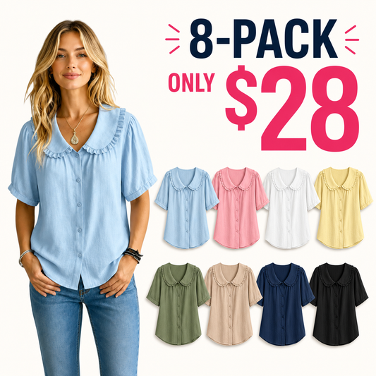 ⏰16-Pack Only $35👕 Women's Ruffle Trim Collared Button-Up Short Sleeve Shirt - Limited Stock Once They’re Gone, They’re Gone!