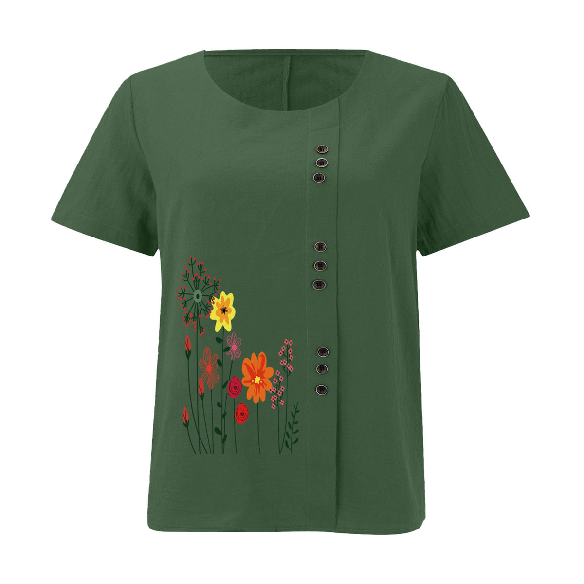 Women’s Floral Print Side Button Top – Casual Elegant Short Sleeve Blouse