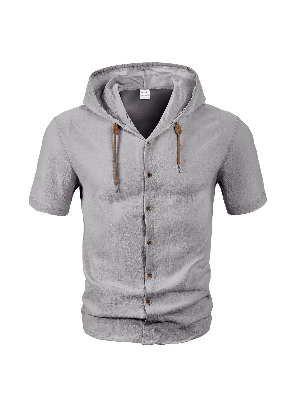 Men’s casual linen short-sleeve hooded shirt.