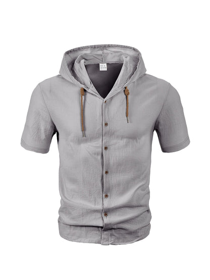 Men’s casual linen short-sleeve hooded shirt.