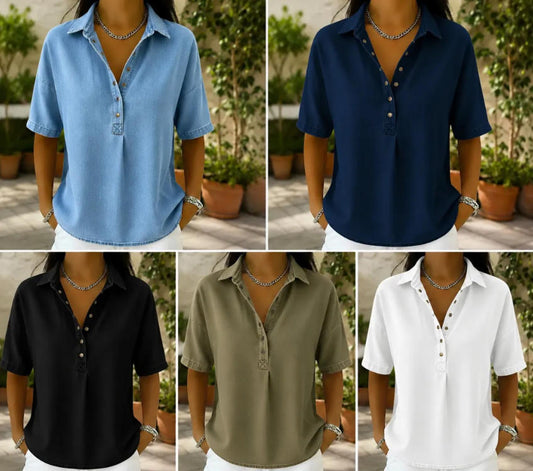 🔥Women's Relaxed Denim-Style Button Detail Top