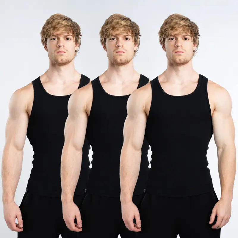 Men’s versatile tank top that smooths bulges and enhances a strong, athletic fit.