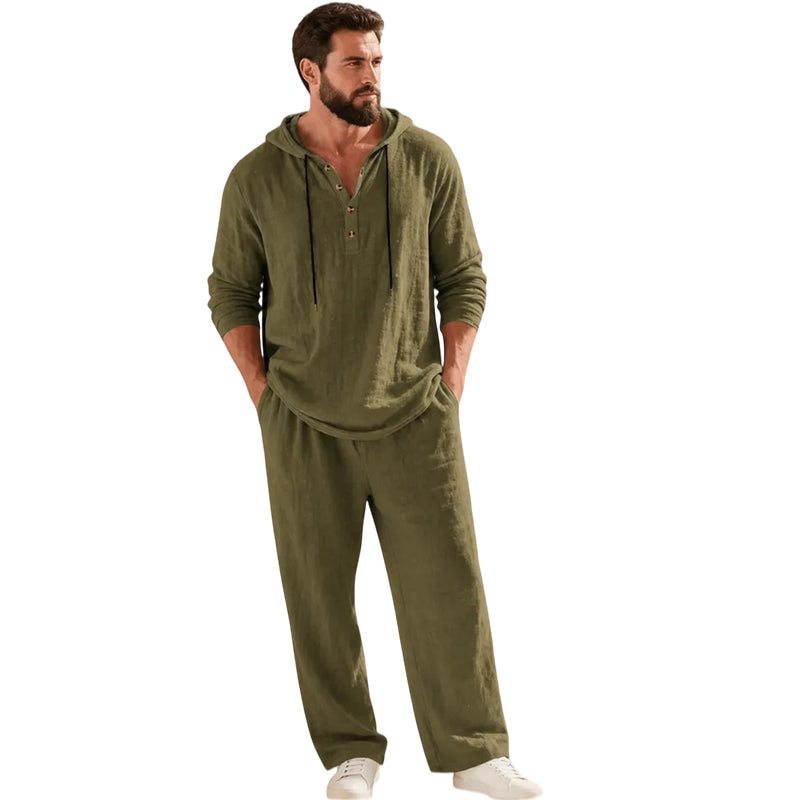 ⏰Clearance Sale⚡10-Sets Only $37.99 ⚡ Two-Piece Linen Set with Hooded Henley Top and Relaxed Trousers