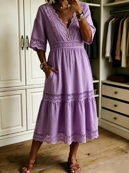 🔥Women's Casual Loose-fitting Patchwork Lace Trim Linen And Cotton Dress