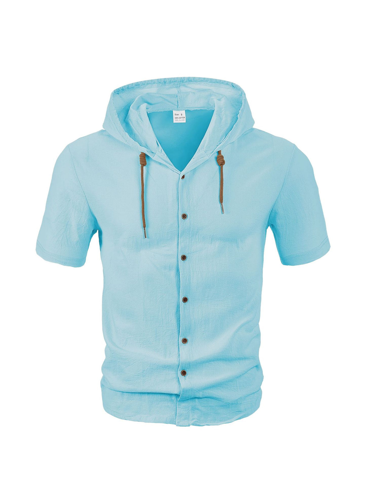Men’s casual linen short-sleeve hooded shirt.