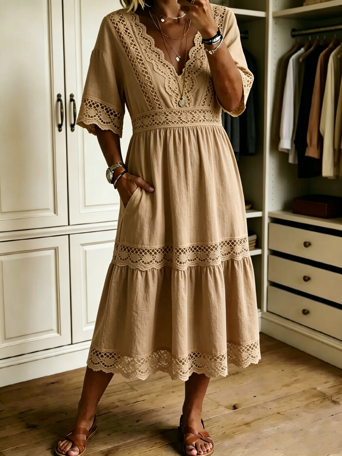 🔥Women's Casual Loose-fitting Patchwork Lace Trim Linen And Cotton Dress