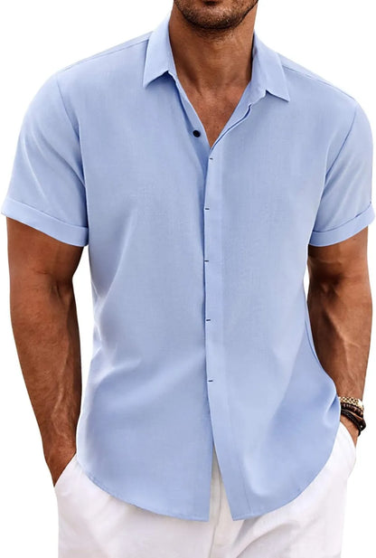 Men's Linen Shirts Short Sleeve Casual Shirts Button Down Shirt for Men Beach Summer Wedding Shirt