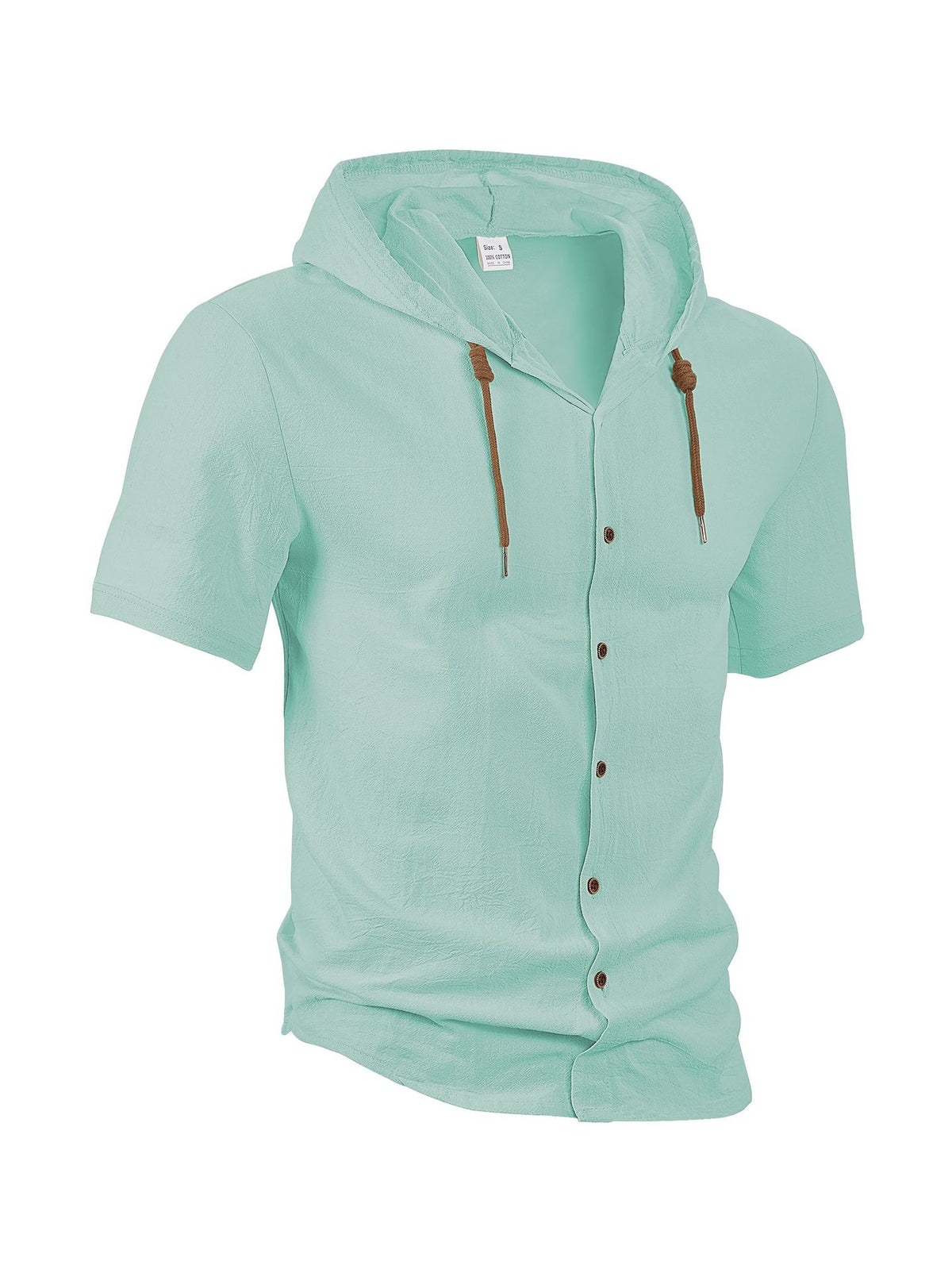 Men’s casual linen short-sleeve hooded shirt.