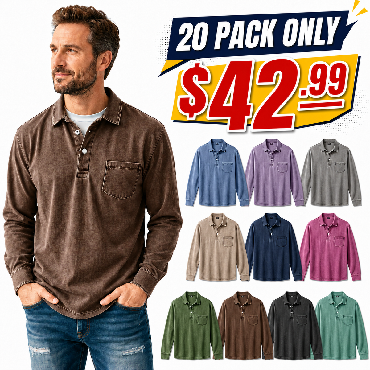 ⏰WAREHOUSE CLEARANCE⚡10 Pack for $32.99⚡Men’s Washed Long Sleeve Polo Shirt with Chest Pocket