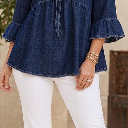 Women's Ruffle Tie-Front Denim Blouse