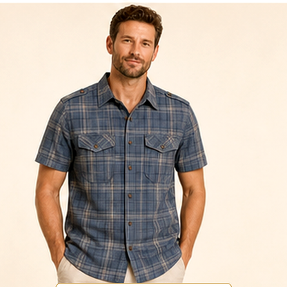 Men's Plaid Short Sleeve Utility Button-Up Shirt