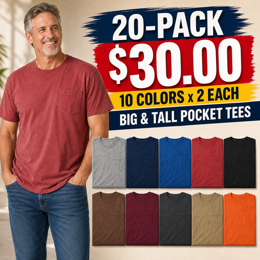 ⏰Clearance Sale⚡20-Pack for $30⚡Men's Big & Tall Garment-Dyed Pocket T-Shirt Multi-Pack