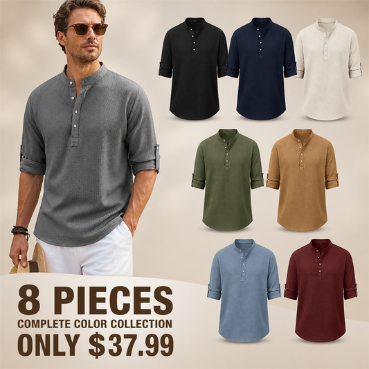 FINAL CLEARANCE - 8-Pack Only $37.99 - Men's Textured Band-Collar Roll-Tab Sleeve Henley Shirt