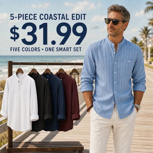 FINAL CLEARANCE - 10-Pack Only $39.99 - Men's Relaxed Striped Band-Collar Long-Sleeve Button-Front Shirt