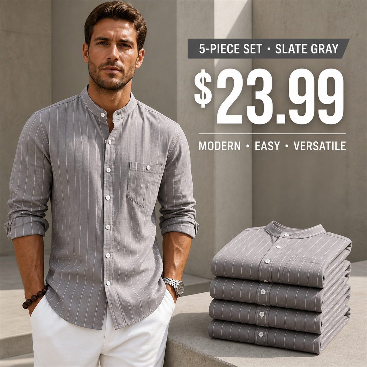 FINAL CLEARANCE - 10-Pack Only $39.99 - Men's Relaxed Striped Band-Collar Long-Sleeve Button-Front Shirt