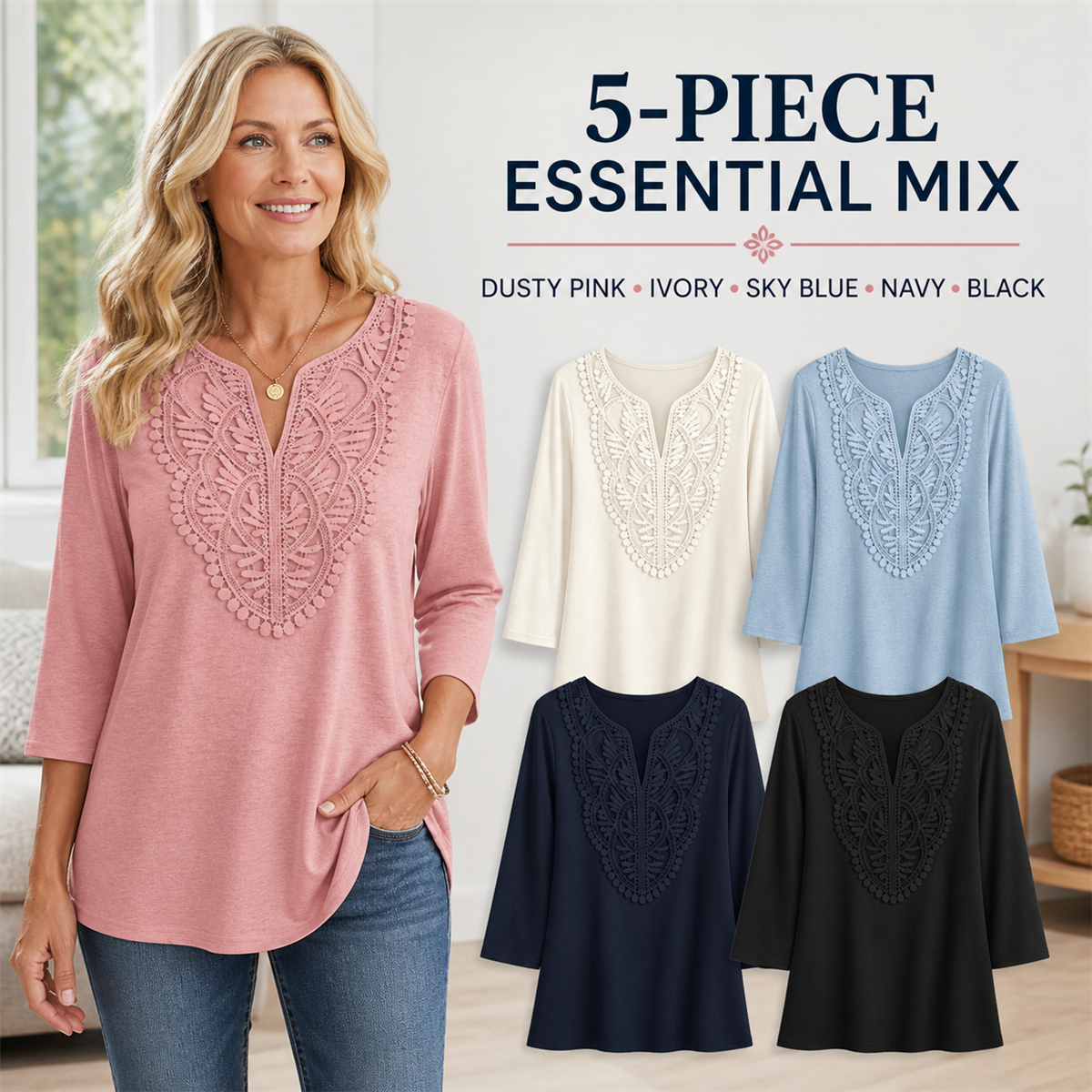 FINAL CLEARANCE - 10-Pack Only $36.99 - Women's Crochet-Yoke Three-Quarter Sleeve Split-Neck Top