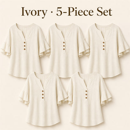 FINAL CLEARANCE - 10-Pack Only $37.99 - Women's Textured Split-Neck Button Flutter-Sleeve Top