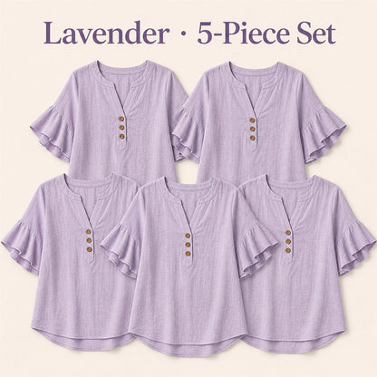FINAL CLEARANCE - 10-Pack Only $37.99 - Women's Textured Split-Neck Button Flutter-Sleeve Top