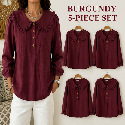 FINAL CLEARANCE - 10-Pack Only $38.99 - Women's Ruffle-Collar Long-Sleeve Button-Placket Blouse