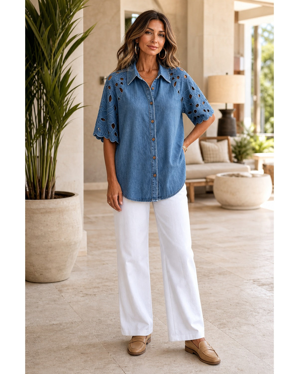 Women's Eyelet Embroidered Sleeve Relaxed Denim Shirt