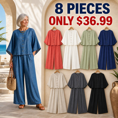 Two-Piece Multi-Pack Deal | Women's Relaxed Button-Front Top and Wide-Leg Pants Set