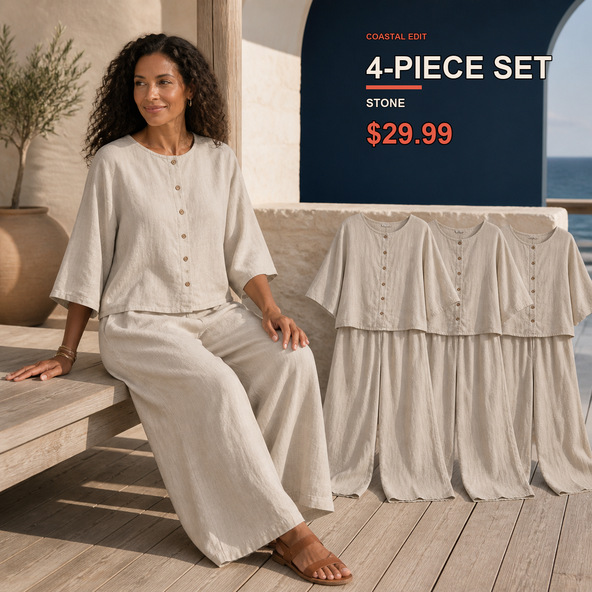 Two-Piece Multi-Pack Deal | Women's Relaxed Button-Front Top and Wide-Leg Pants Set