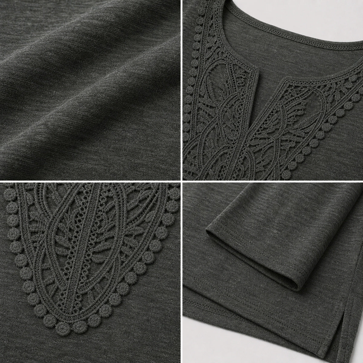 Women's Crochet Lace Split-Neck Long Sleeve Top