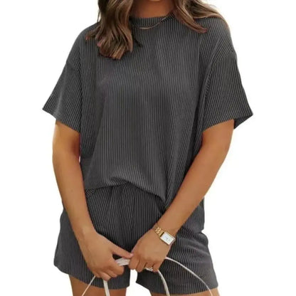 Women’s Ribbed Knit Lounge Set – Short Sleeve Top & High Waist Shorts