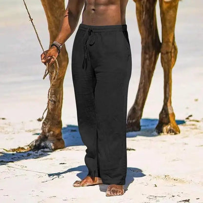 Casual Loose Cotton Linen Men Pants Summer Male High Elastic Waist Wide Leg Sand Holiday Beachwear Straight Full Trousers
