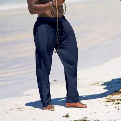 Casual Loose Cotton Linen Men Pants Summer Male High Elastic Waist Wide Leg Sand Holiday Beachwear Straight Full Trousers