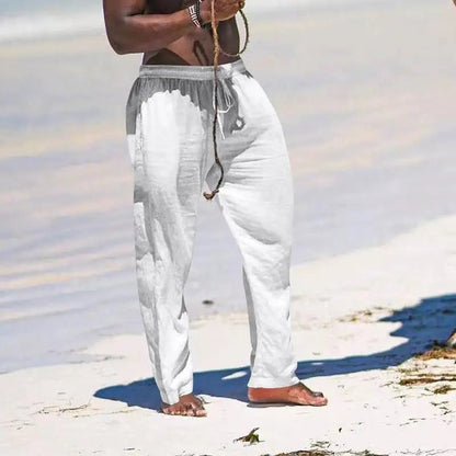 Casual Loose Cotton Linen Men Pants Summer Male High Elastic Waist Wide Leg Sand Holiday Beachwear Straight Full Trousers