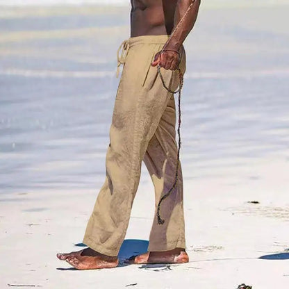 Casual Loose Cotton Linen Men Pants Summer Male High Elastic Waist Wide Leg Sand Holiday Beachwear Straight Full Trousers