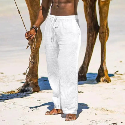 Casual Loose Cotton Linen Men Pants Summer Male High Elastic Waist Wide Leg Sand Holiday Beachwear Straight Full Trousers