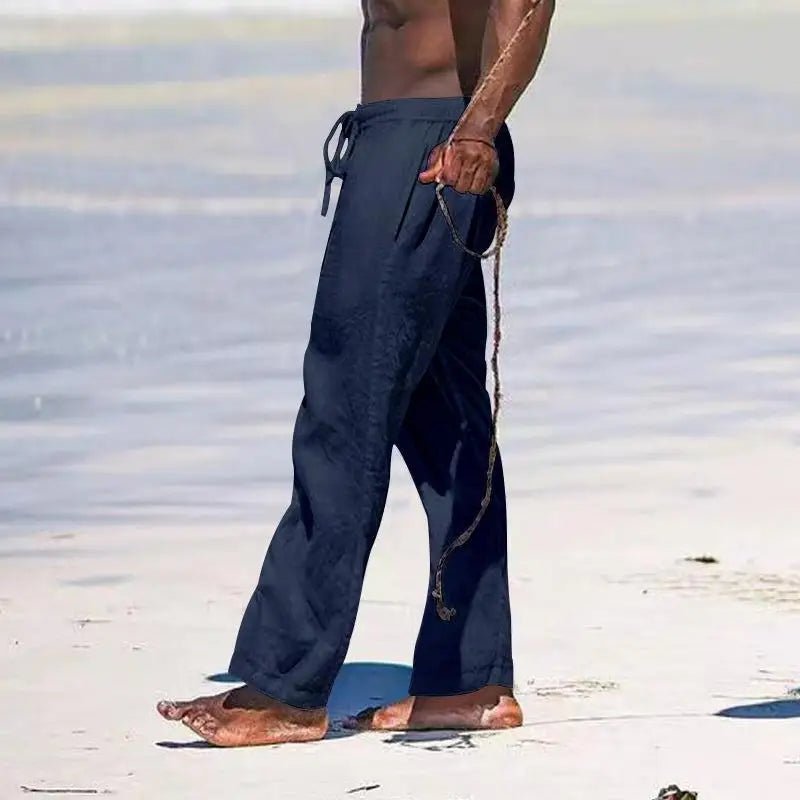 Casual Loose Cotton Linen Men Pants Summer Male High Elastic Waist Wide Leg Sand Holiday Beachwear Straight Full Trousers