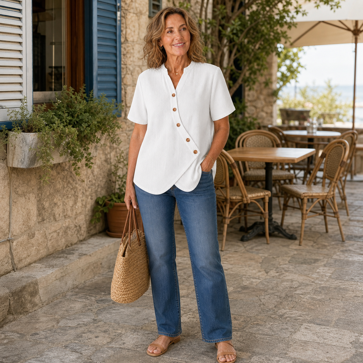 Women's Short Sleeve Asymmetrical Button Blouse