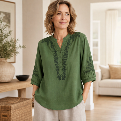 Women's Embroidered Linen-Look V-Neck Blouse