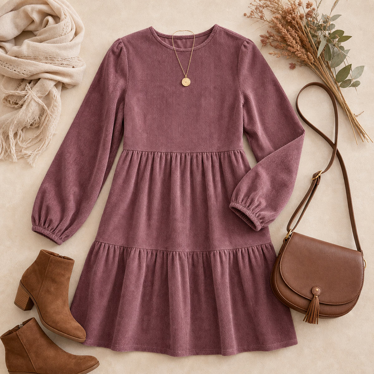 Women's Soft Corduroy Tiered Long Sleeve Dress
