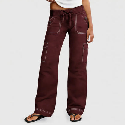 ⚡FINAL SALE⚡ Women's Wide Leg Cargo Pants - Stretchy Waist Casual Workwear with Contrast Stitching