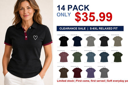 CLEARANCE SALE - Women's Contrast Trim Heart Polo Shirt - 14 Colors & Bundle Deals