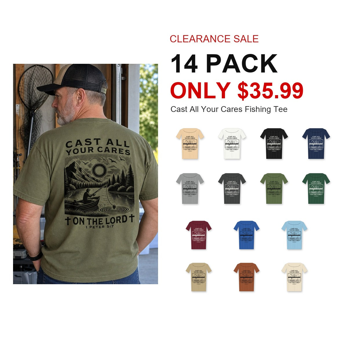 CLEARANCE SALE - Men's Cast All Your Cares Fishing Graphic Tee - 14 Colors & Bundle Deals