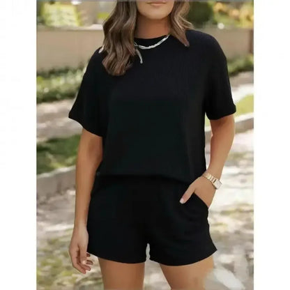 Women’s Ribbed Knit Lounge Set – Short Sleeve Top & High Waist Shorts