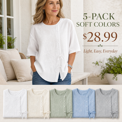 Women's Embroidered Tie-Front Short Sleeve Blouse