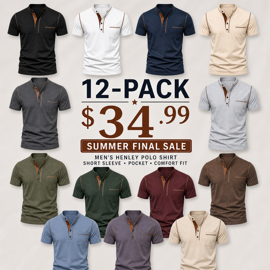 SUMMER FINAL SALE - Men's Henley Pocket Polo Shirt 12-Pack $34.99